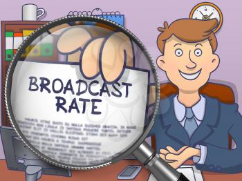 Broadcast Rate. Man Shows Paper with Concept through Magnifier. Colored Modern Line Illustration in Doodle Style.