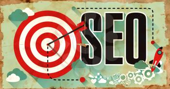 SEO - Search Engine Optimization - Concept on Old Poster in Flat Design with Red Target, Rocket and Arrow. Business Concept.
