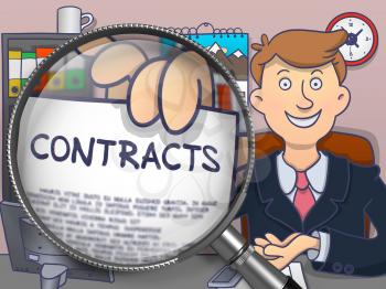 Contracts. Paper with Inscription in Businessman's Hand through Magnifying Glass. Multicolor Modern Line Illustration in Doodle Style.
