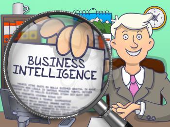 Business Intelligence. Businessman Welcomes in Office and Showing through Magnifying Glass Paper with Inscription Business Intelligence. Multicolor Doodle Style Illustration.