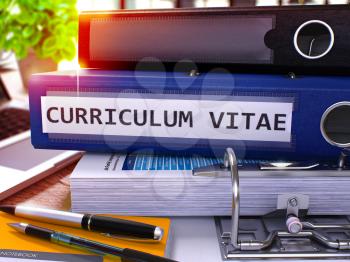 Curriculum Vitae - Blue Office Folder on Background of Working Table with Stationery and Laptop. Curriculum Vitae Business Concept on Blurred Background. Curriculum Vitae Toned Image. 3D.