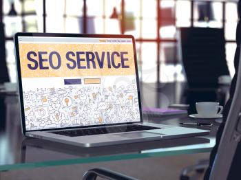 SEO Service Concept. Closeup Landing Page on Laptop Screen in Doodle Design Style. On Background of Comfortable Working Place in Modern Office. Blurred, Toned Image. 3D Render.