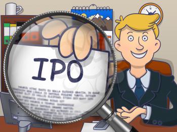 IPO - Initial Public Offering - on Paper in Mans Hand through Magnifying Glass to Illustrate a Business Concept. Multicolor Modern Line Illustration in Doodle Style.