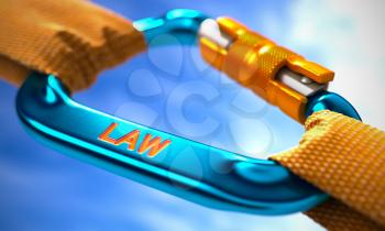 Blue Carabiner between Orange Ropes on Sky Background, Symbolizing the Law. Selective Focus. 3D Render.