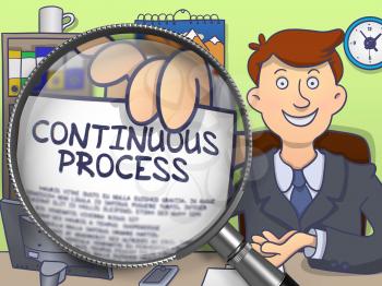 Continuous Process on Paper in Man's Hand to Illustrate a Business Concept. Closeup View through Magnifying Glass. Colored Doodle Style Illustration.