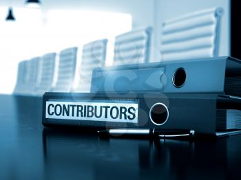 Contributors - Business Concept on Blurred Background. Office Folder with Inscription Contributors on Black Wooden Table. 3D.