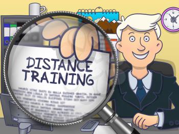 Distance Training on Paper in Businessman's Hand to Illustrate Modern Business Education Concept. Closeup View through Magnifying Glass. Colored Doodle Illustration.
