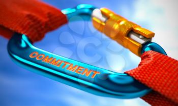 Blue Carabiner between Red Ropes on Sky Background, Symbolizing the Commitment. Selective Focus. 3D Render.