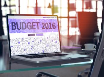 Budget 2016 Concept. Closeup Landing Page on Laptop Screen in Doodle Design Style. On Background of Comfortable Working Place in Modern Office. Blurred, Toned Image. 3D Render.