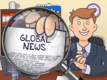 Global News. Man in Office Workplace Holding through Magnifying Glass Paper with Concept. Colored Doodle Style Illustration.