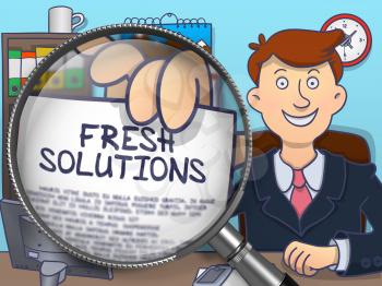 Fresh Solutions. Business Man in Office Workplace Holds Out Paper with Inscription through Magnifying Glass. Multicolor Doodle Style Illustration.