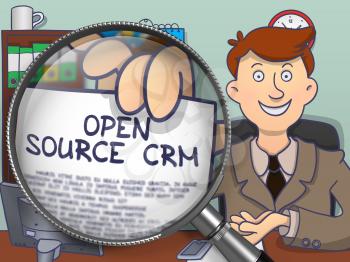 Open Source CRM. Officeman in Office Holding a Paper with Inscription Open Source CRM. Closeup View through Magnifying Glass. Colored Modern Line Illustration in Doodle Style.