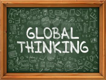 Global Thinking - Hand Drawn on Green Chalkboard with Doodle Icons Around. Modern Illustration with Doodle Design Style.