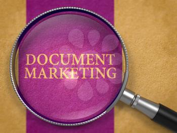 Document Marketing through Lens on Old Paper with Dark Lilac Vertical Line Background. 3D Render.
