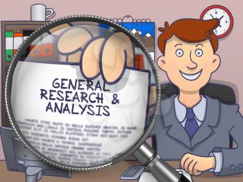 General Research and Analysis. Man Shows Concept on Paper through Lens. Colored Modern Line Illustration in Doodle Style.