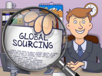 Global Sourcing. Business Man in Office Workplace Showing through Magnifier Paper with Text. Colored Doodle Illustration.