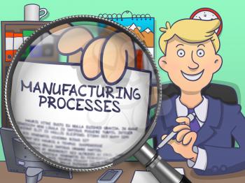 Manufacturing Processes. Cheerful Businessman Welcomes in Office and Showing Concept on Paper through Magnifier. Multicolor Modern Line Illustration in Doodle Style.