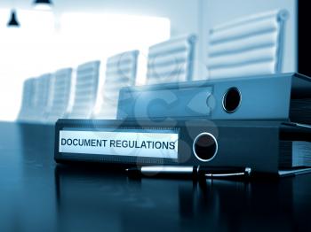 Document Regulations. Concept on Toned Background. Binder with Inscription Document Regulations on Wooden Table. Document Regulations - Business Illustration. 3D Render.