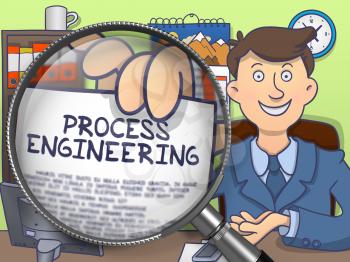 Process Engineering. Officeman in Office Workplace Shows through Magnifier Paper with Concept. Multicolor Doodle Illustration.