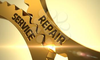 Repair Service - Illustration with Lens Flare. Repair Service on Golden Metallic Cogwheels. Repair Service Golden Metallic Cog Gears. Golden Metallic Cogwheels with Repair Service Concept. 3D.
