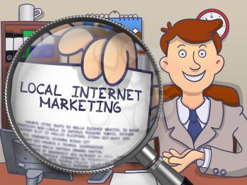 Local Internet Marketing on Paper in Man's Hand through Lens to Illustrate a eBusiness Concept. Colored Doodle Illustration.