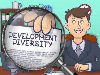 Development Diversity. Business Man Sitting in Office and Showing through Magnifier Concept on Paper. Colored Doodle Style Illustration.