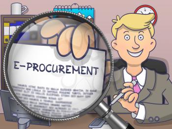 E-Procurement. Officeman Sitting in Office and Showing through Magnifying Glass Concept on Paper. Multicolor Modern Line Illustration in Doodle Style.