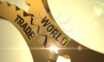 World Trade on Mechanism of Golden Cogwheels. World Trade - Industrial Design. World Trade on Golden Metallic Cog Gears. Golden Gears with World Trade Concept. 3D.