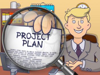 Project Plan. Text on Paper in Officeman's Hand through Magnifying Glass. Colored Modern Line Illustration in Doodle Style.