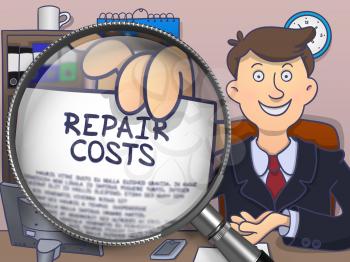 Repair Costs on Paper in Businessman's Hand through Magnifier to Illustrate a Business Concept. Multicolor Doodle Style Illustration.