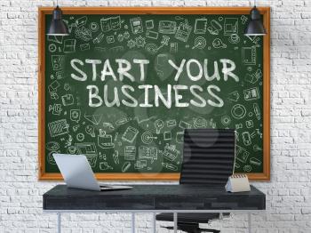Hand Drawn Start Your Business on Green Chalkboard. Modern Office Interior. White Brick Wall Background. Business Concept with Doodle Style Elements. 3D.
