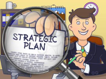 Strategic Plan. Handsome Business Man Welcomes in Office and Shows Paper with Text through Magnifier. Multicolor Doodle Style Illustration.