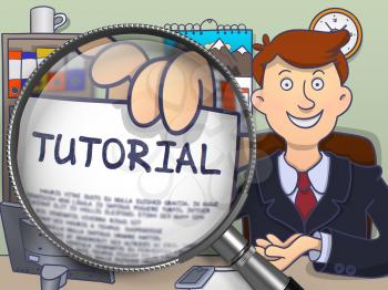 Tutorial. Happy Business Man Welcomes in Office and Holds Out a Paper with Concept through Magnifying Glass. Colored Modern Line Illustration in Doodle Style.