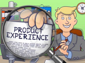 Product Experience on Paper in Officeman's Hand to Illustrate a Business Concept. Closeup View through Lens. Colored Doodle Style Illustration.