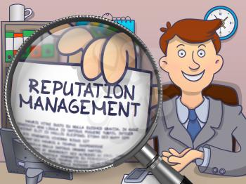 Reputation Management. Man Showing Paper with Text through Magnifier. Colored Doodle Illustration.