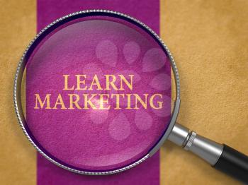 Learn Marketing through Loupe on Old Paper with Dark Lilac Vertical Line Background. 3D Render.