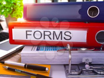 Forms - Red Ring Binder on Office Desktop with Office Supplies and Modern Laptop. Forms Business Concept on Blurred Background. Forms - Toned Illustration. 3D Render.