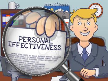 Business Man in Suit Showing Paper with Text Personal Effectiveness through Lens. Closeup View. Multicolor Doodle Style Illustration.
