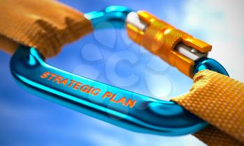 Strong Connection between Blue Carabiner and Two Orange Ropes Symbolizing the Strategic Plan. Selective Focus. 3D Render.