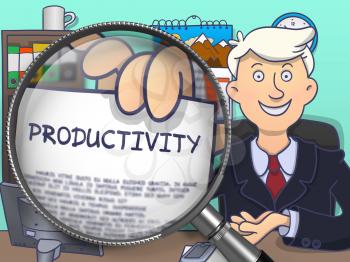 Productivity.  Businessman Welcomes in Office and Shows Paper with Inscription through Magnifying Glass. Multicolor Modern Line Illustration in Doodle Style.