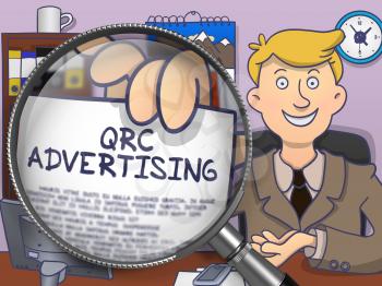 QRC Advertising. Man in Office Showing a through Magnifier Paper with Concept. Colored Modern Line Illustration in Doodle Style.