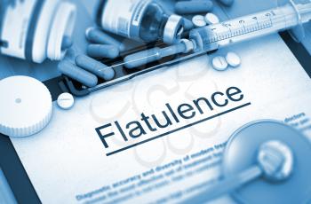 Flatulence - Printed Diagnosis with Blurred Text. Flatulence - Medical Report with Composition of Medicaments - Pills, Injections and Syringe. Toned Image. 3D Render.