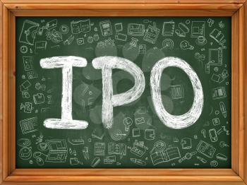 Hand Drawn  IPO - Initial Public Offering- on Green Chalkboard. Hand Drawn Doodle Icons Around Chalkboard. Modern Illustration with Line Style.