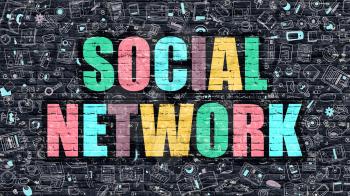 Social Network Concept. Modern Illustration. Multicolor Social Network Drawn on Dark Brick Wall. Doodle Icons. Doodle Style of  Social Network Concept. Social Network on Wall.