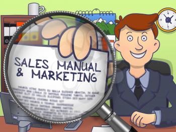 Sales Manual and Marketing on Paper in Businessman's Hand through Magnifying Glass to Illustrate a Business Concept. Multicolor Modern Line Illustration in Doodle Style.