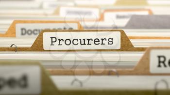 File Folder Labeled as Procurers in Multicolor Archive. Closeup View. Blurred Image. 3D Render.