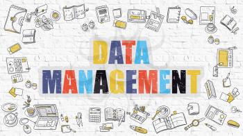 Data Management - Multicolor Concept with Doodle Icons Around on White Brick Wall Background. Modern Illustration with Elements of Doodle Design Style.