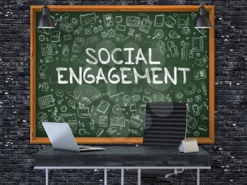 Social Engagement - Handwritten Inscription by Chalk on Green Chalkboard with Doodle Icons Around. Business Concept in the Interior of a Modern Office on the Dark Brick Wall Background. 3D.