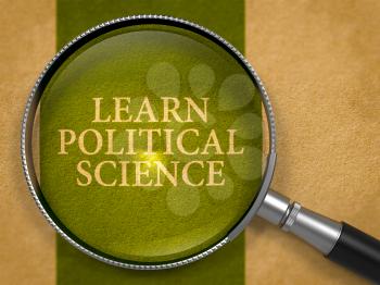 Learn Political Science Concept through Magnifier on Old Paper with Dark Green Vertical Line Background. 3D Render.