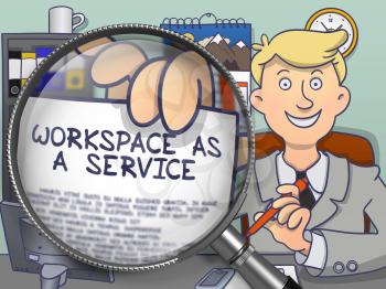 Workspace as a Service on Paper in Officeman's Hand through Magnifying Glass to Illustrate a Modern Business Concept. Multicolor Doodle Illustration.